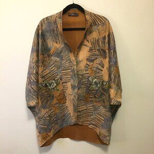 Minkas Faux Suede Floral Embroidered Boho Cape Jacket